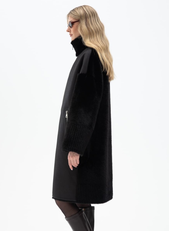 Женская двухсторонняя дубленка из эко кожи с воротником стойкой