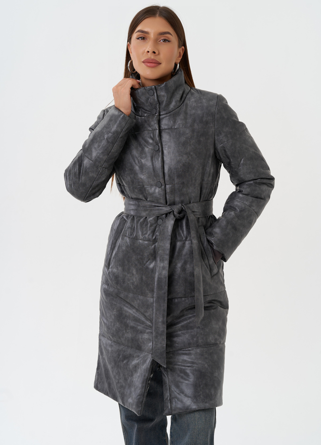 Пуховик из эко кожи с поясом модель № 28513 меха малина