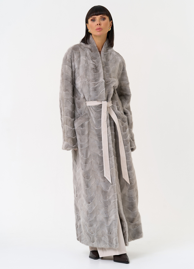 Длинная шуба из меха норки с поясом модель № 31295 в рассрочку