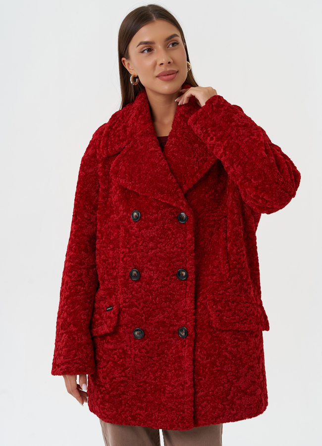 Яркое двубортное пальто с английским воротником модель № 28312 меха малина