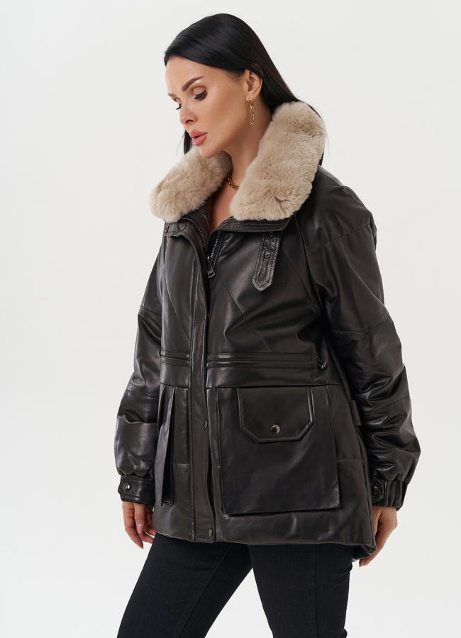 Пуховик из натуральной кожи с отделкой из меха кролика модель № 25381 универмаг малина