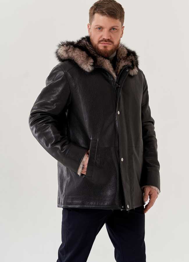 Мужская дубленка с капюшоном  модель № 79301 меха малина