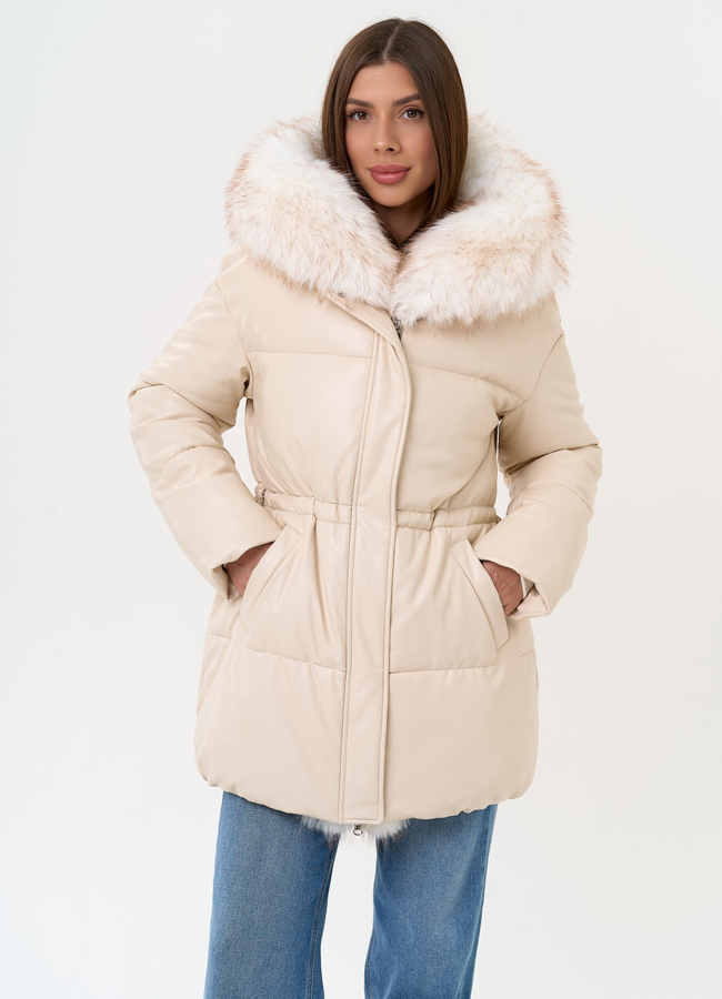Женский пуховик из эко кожи с отделкой из эко меха модель № 30733 в рассрочку