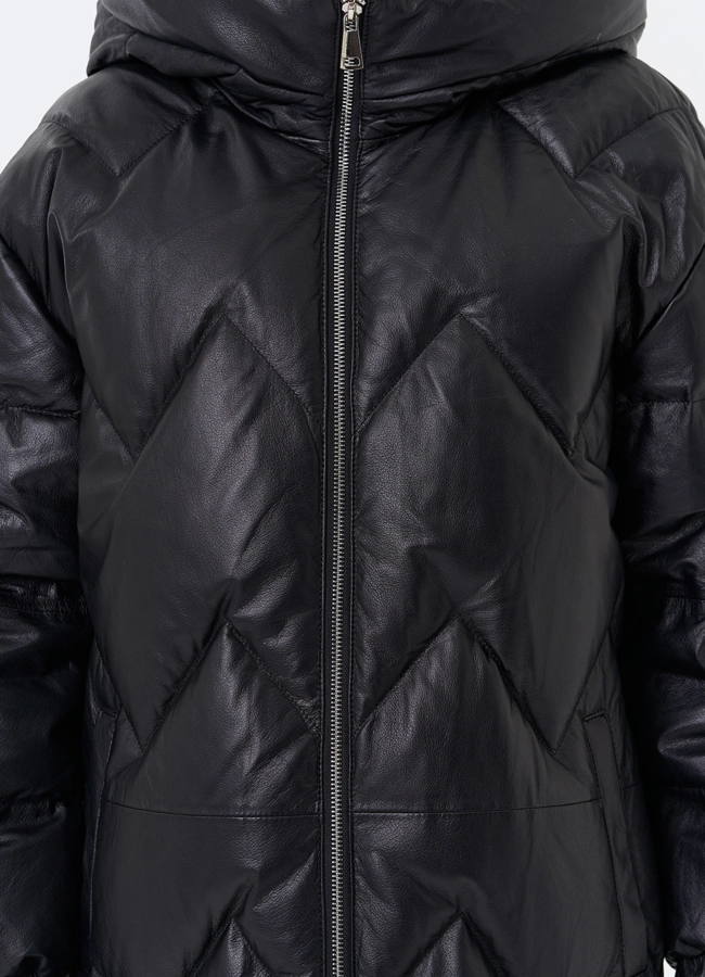 Длинный пуховик из кожи модель № 31215 в рассрочку