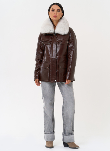 Коричневый кожаный пуховик