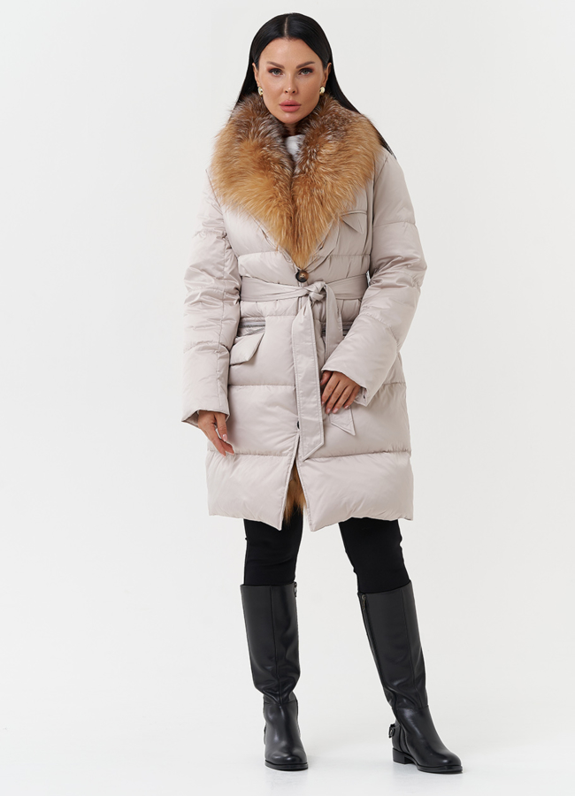 Женский пуховик с отделкой из меха лисы модель № 28569 универмаг малина