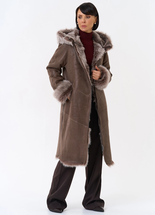 Женская натуральная дубленка с капюшоном модель № 31931 универмаг малина