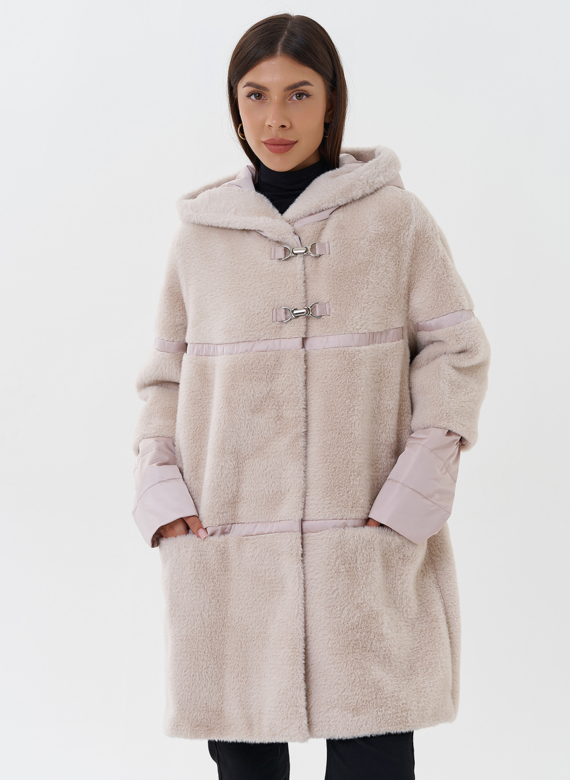 Комбинированное пальто из эко меха с капюшоном