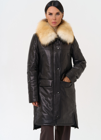 Кожаный пуховик с воротником из лисы