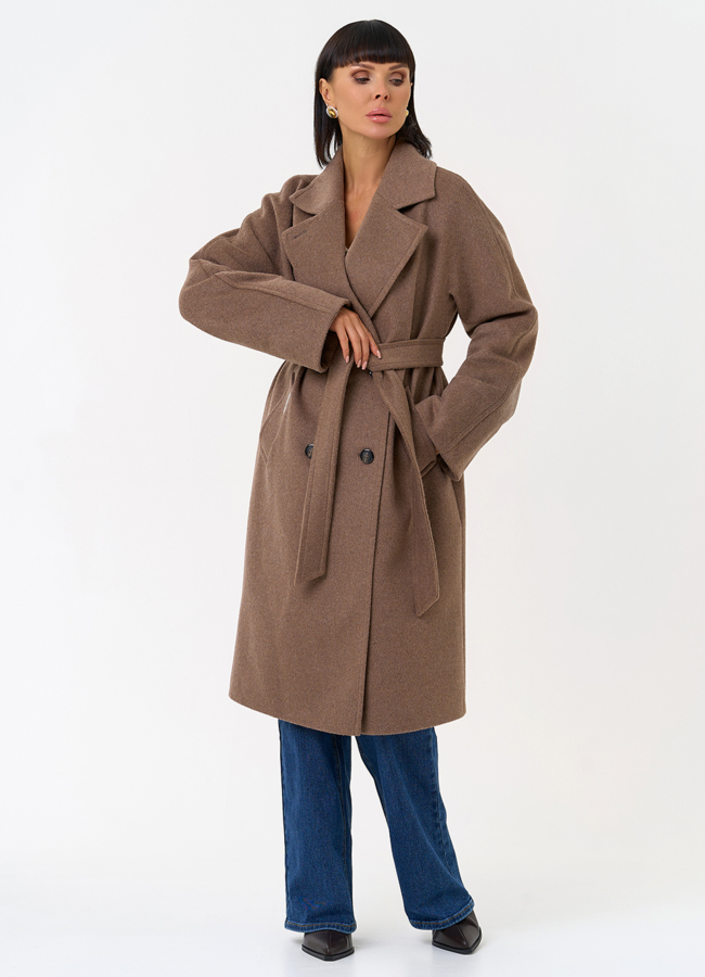 фото Женское двубортное пальто с поясом  модель № 31418