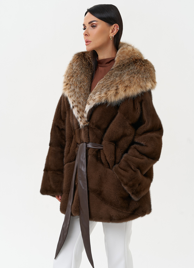 Женская шуба из меха норки с капюшоном из меха рыси модель № 31167 универмаг малина