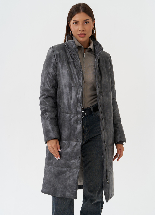 Пуховик из эко кожи с поясом модель № 28513 универмаг малина