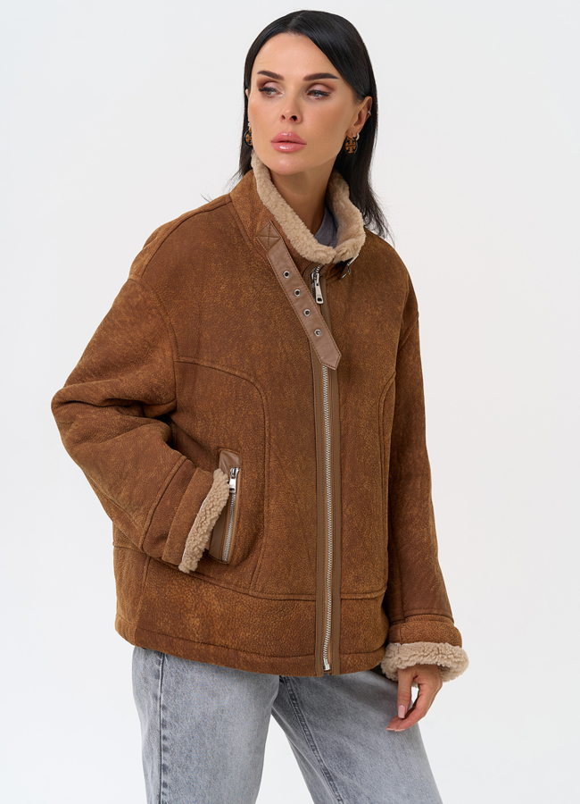 Дубленка натуральная женская  модель № 31361 меха малина