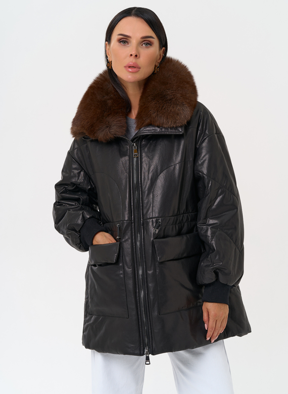 Полупальто из натуральной кожи с мехом песца