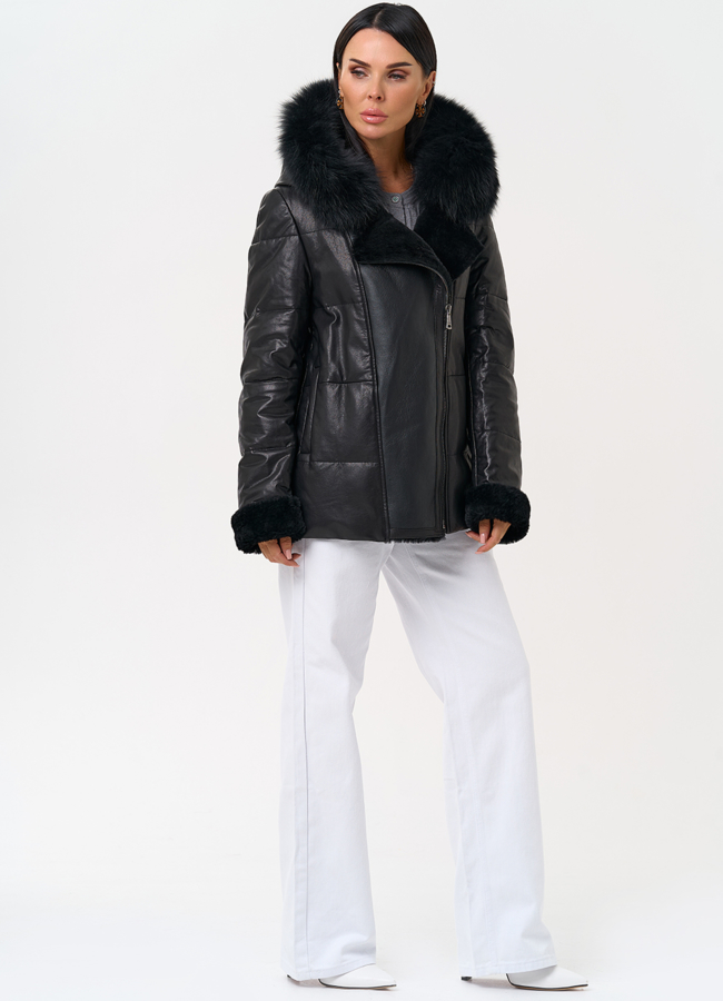 фото Короткий пуховик из натуральной кожи с капюшоном модель № 31374