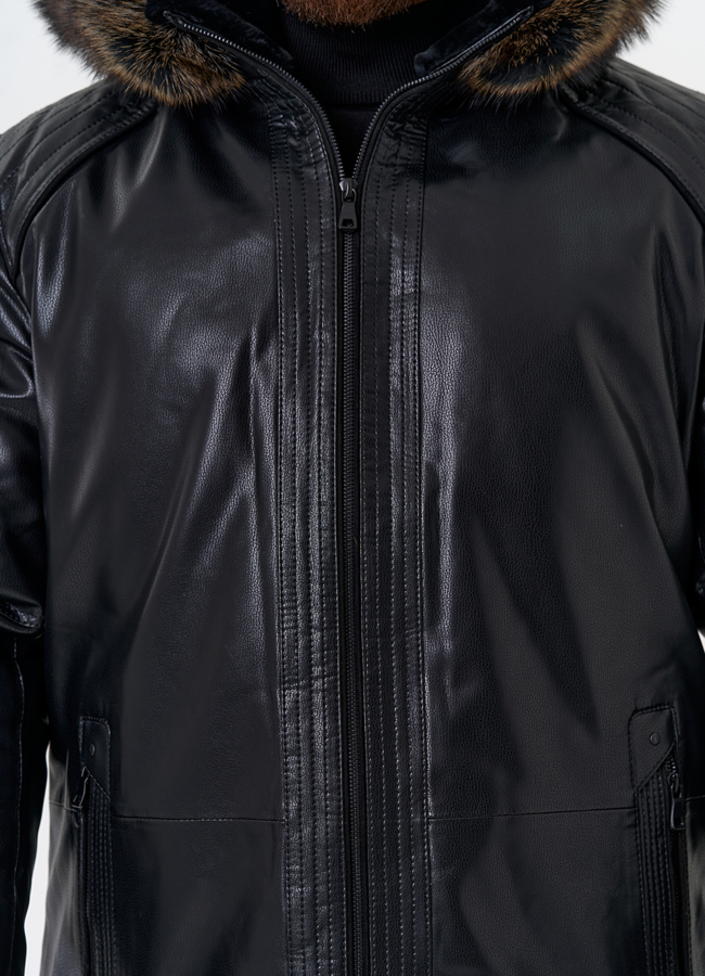 Пуховик из эко кожи с капюшоном из меха енота модель № 31719 универмаг малина