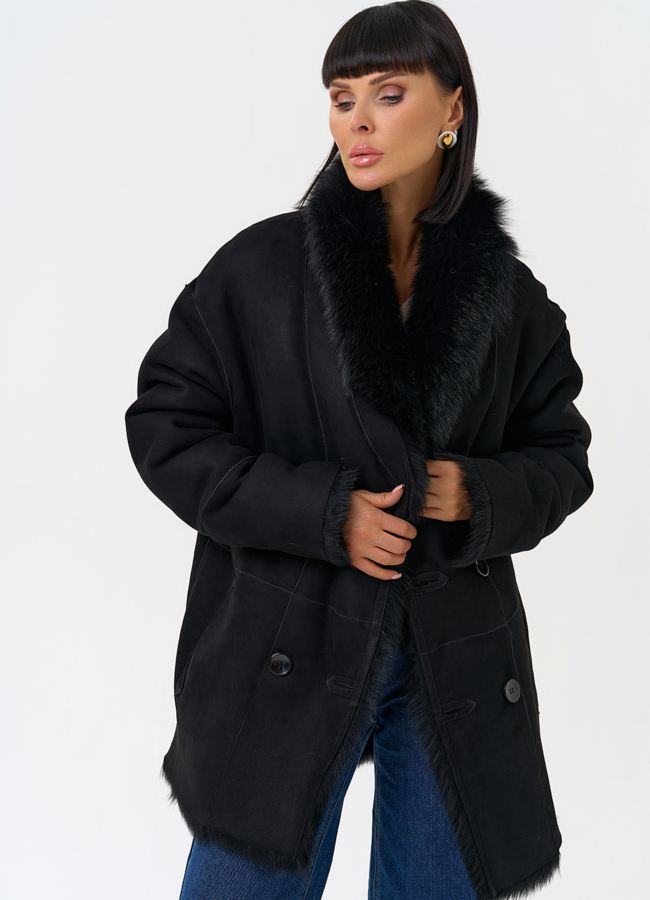 фото Двухсторонняя дубленка черного цвета с декоративным поясом модель № 31618